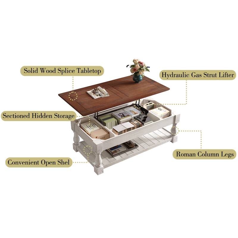 Roomfitters 41" Farmhouse Lift Top Coffee Table, Wood Center Table with 3 Storage Trays and Lower Shelf
