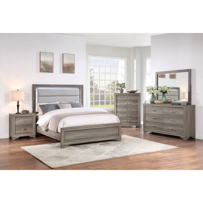 Contemporary Style Bed Dresser Mirror Nightstand And Chest Set Metal Handles Bracket Legs Light Brown Finish Bedroom Furniture