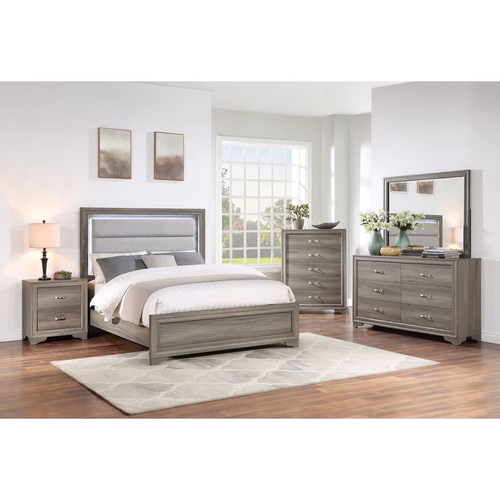 Contemporary Style Bed Dresser Mirror Nightstand And Chest Set Metal Handles Bracket Legs Light Brown Finish Bedroom Furniture