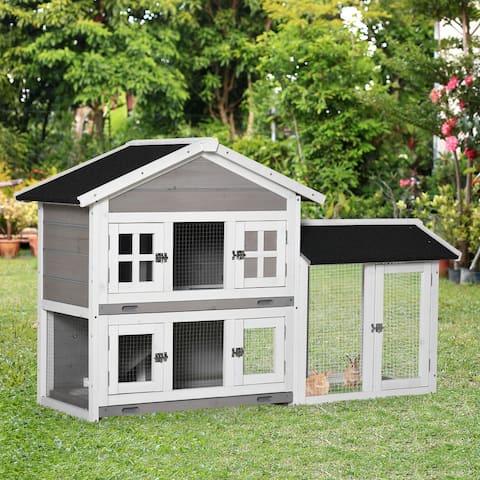 PawHut 59" Wooden Rabbit Hutch 2 Tier Bunny House Pet Playpen Enclosure for Indoor Outdoor with Slide-out Tray, Ramp, Grey
