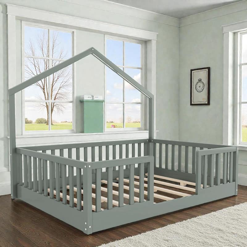 Wood Floor Bed with High Guardrails and LED Light, Montessori Style Low Profile Bed for Kids