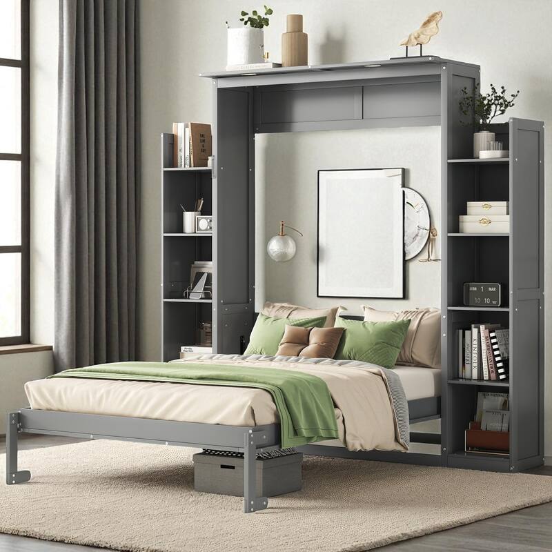 Full/Queen Murphy Wall Bed with Shelves & LED, Dual-Piston, 8 in Mattress, 600 lb Capacity, Space-Saving