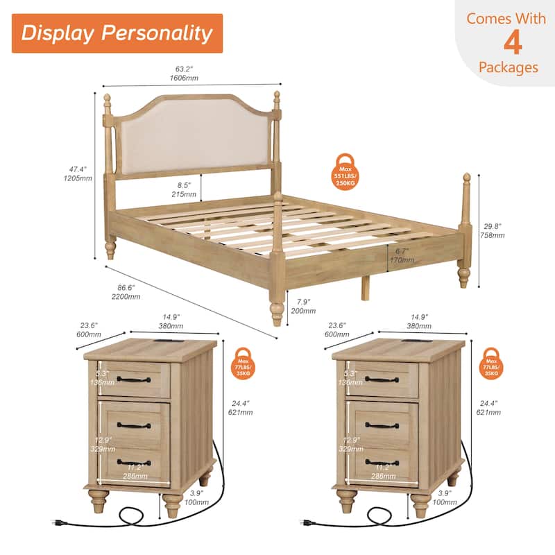 3 Piece Bedroom Set, Queen Size Bed Frame & Set of 2 Nightstands, Oak