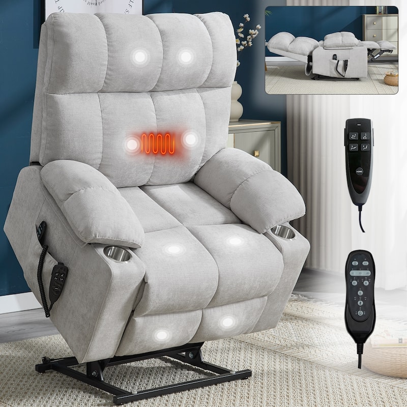 Power Lift Recliner Chair with Massage & Heat – 350 lbs Capacity, Dual Motor, 8-Point Vibration, Lumbar Heating, Cup Holders