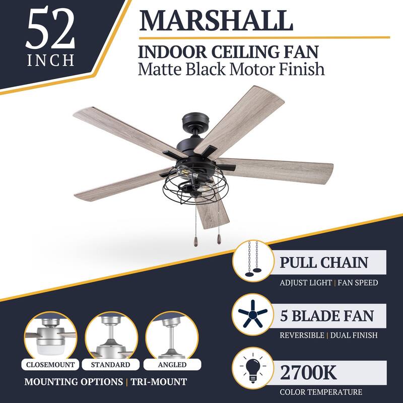 52" Prominence Home Marshall Matte Black Industrial Style LED Ceiling Fan with Light, Pull Chain