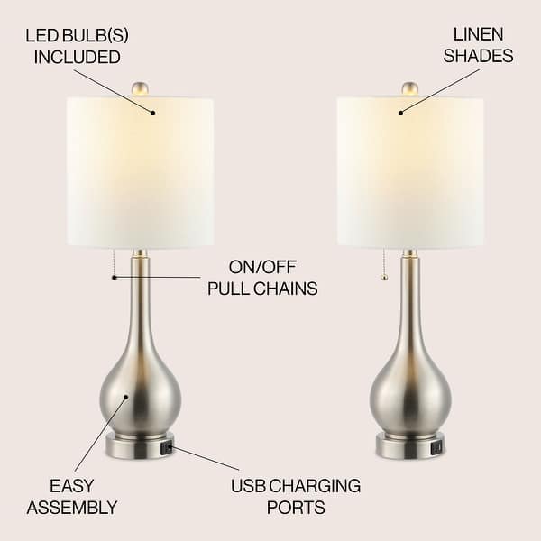 dimension image slide 3 of 4, Grant 24" Modern Classic Gourd Iron LED Table Lamp with Pull-Chain with Dual USB Charging Port, by JONATHAN Y (Set of 2)