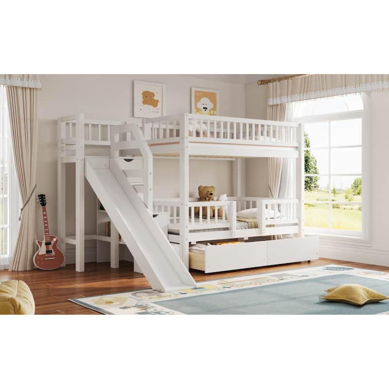Roomfitters Twin Over Twin Bunk Bed with Slide, Storage Staircase and Drawers