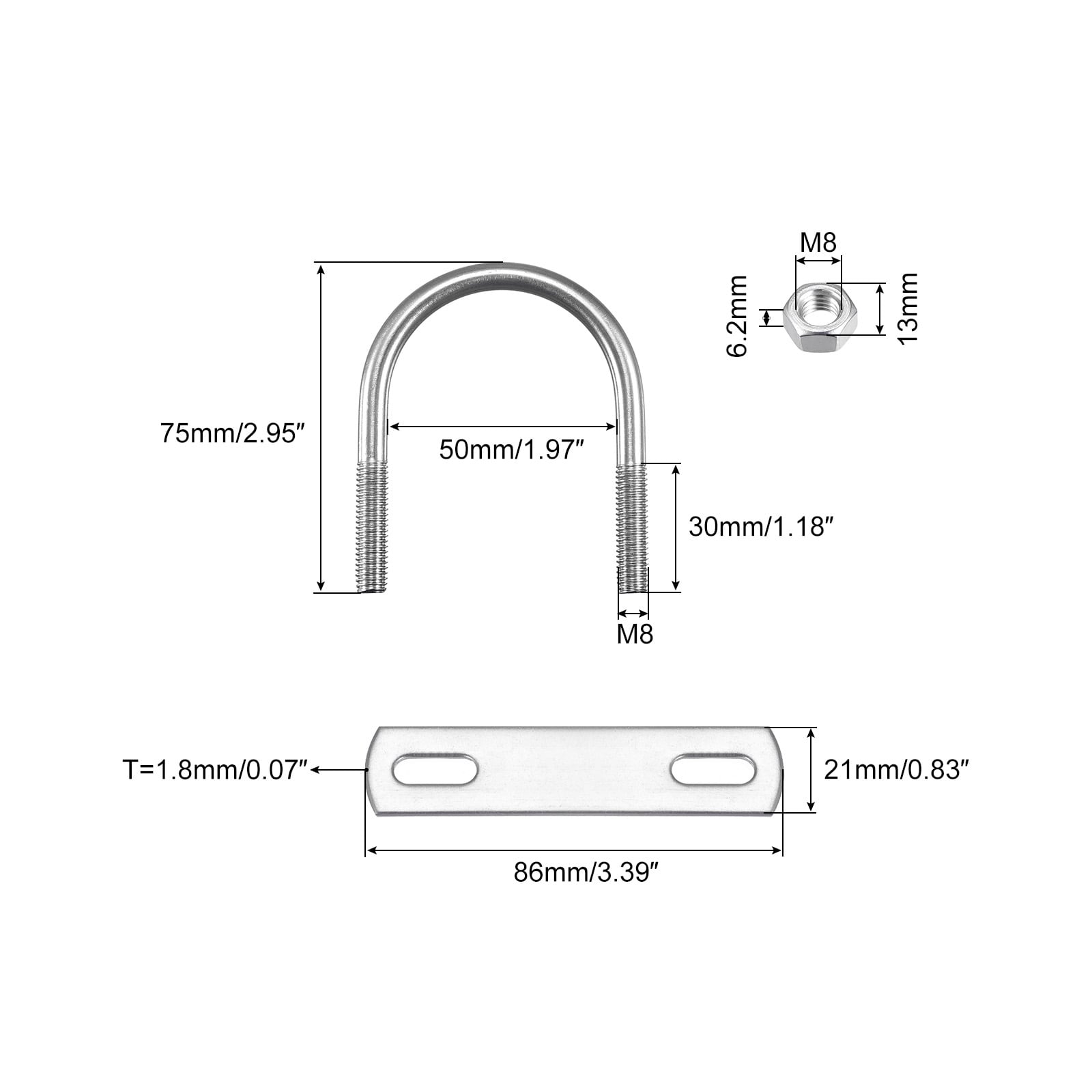 Round U-Bolts, 304 Stainless Steel U Clamp Bolt with Nuts and Plates, for Boat Trailer