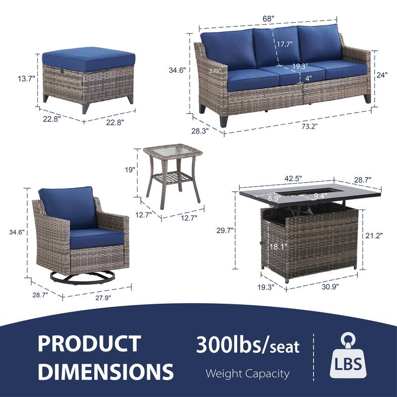 Glissia 7-Piece Gray Wicker Fire Pit Conversation Set with height-adjustable fire pit