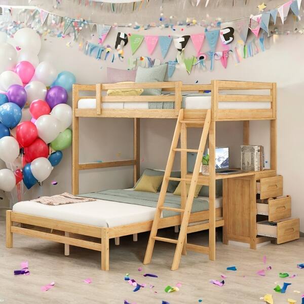 slide 2 of 15, Twin over Full Bunk Bed with Built-in Desk and Three Drawers,Multifunctional Loft Bunk Bed With Storage Natural