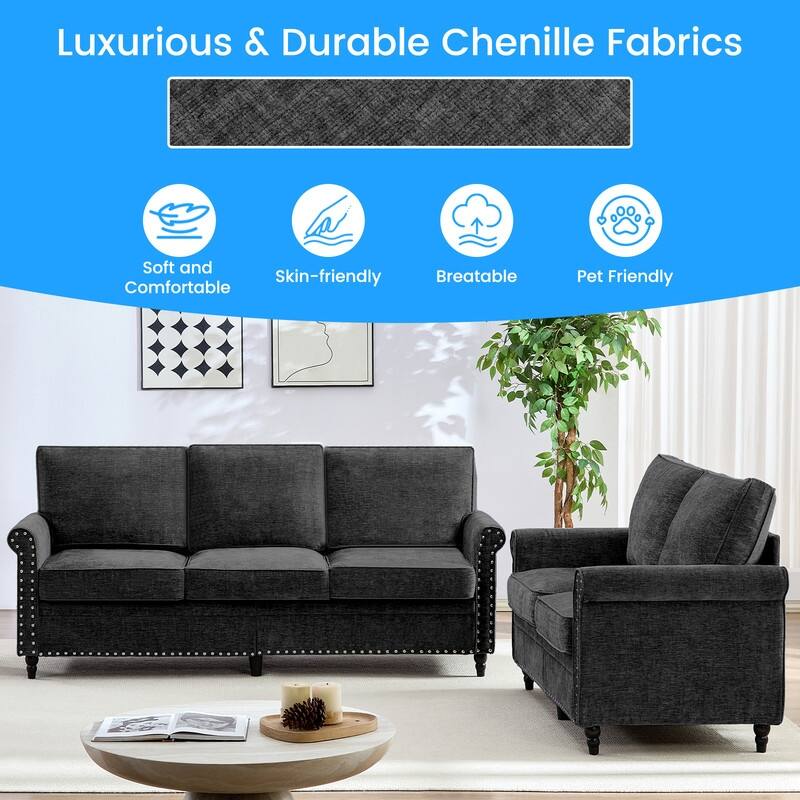 Mixoy 2 Piece Living Room Sofa Set with Riveted Design,Chenille Nailhead W76''3-Seater Sofa Couch with W53''Loveseat Sofa