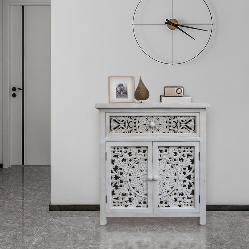 Rustic Hollow-Carved Wood Storage Cabinet with 1 Drawer and 2 Doors, Antique White, 31" H - 27.6" x 13.8" x 31"