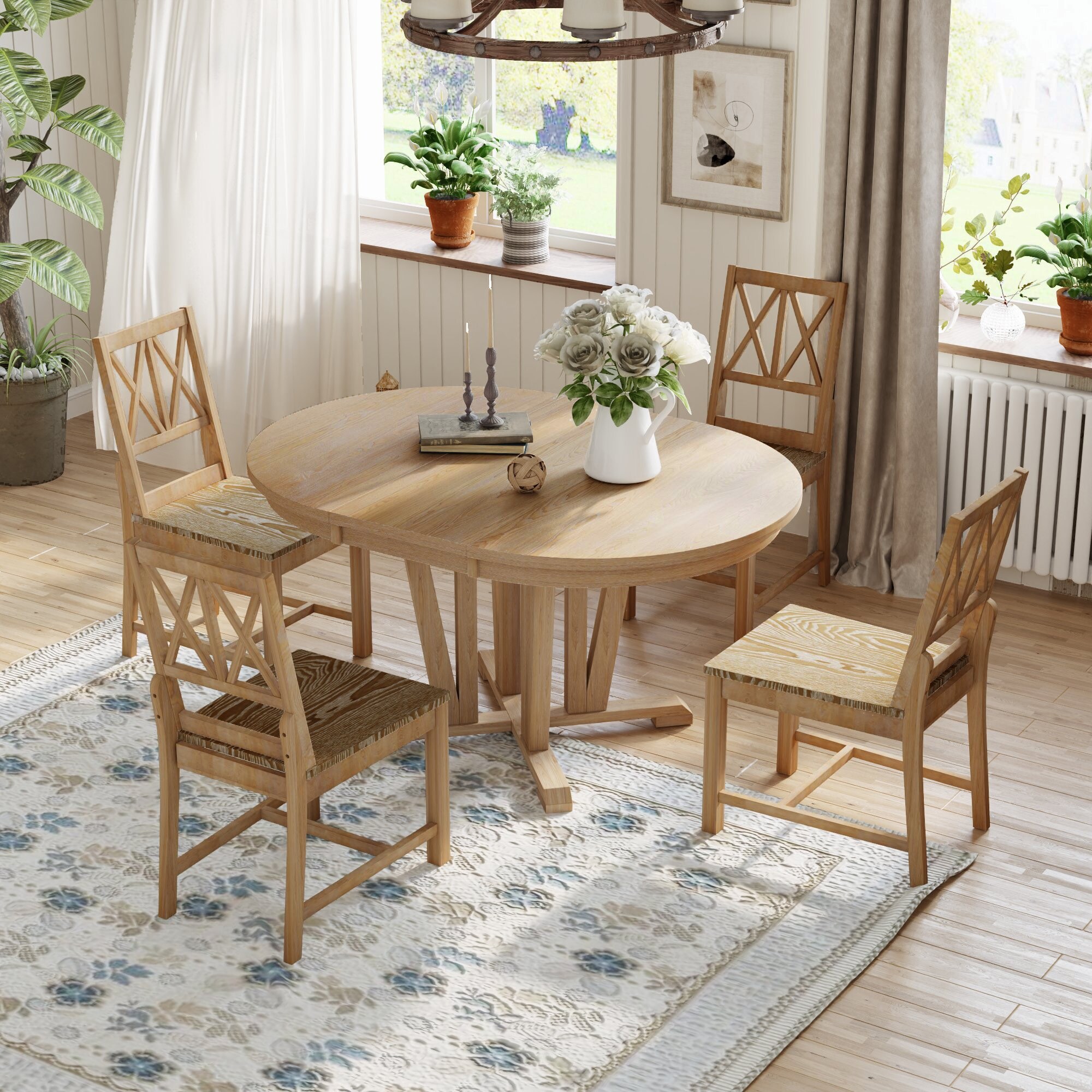 Extendable Round Wood Table and 4 Cross Back Dining Chairs, Retro