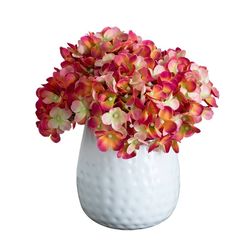 Artificial Hydrangea Floral Arrangement with Metal Vase - 11" - Pink