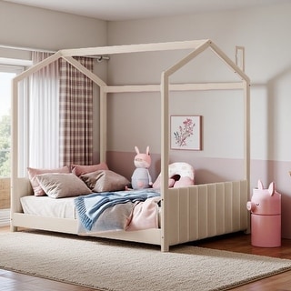 Beige Full Size Velvet House Bed Frame for Kids with Roof Design & Modern Headboard, Solid Wood Construction
