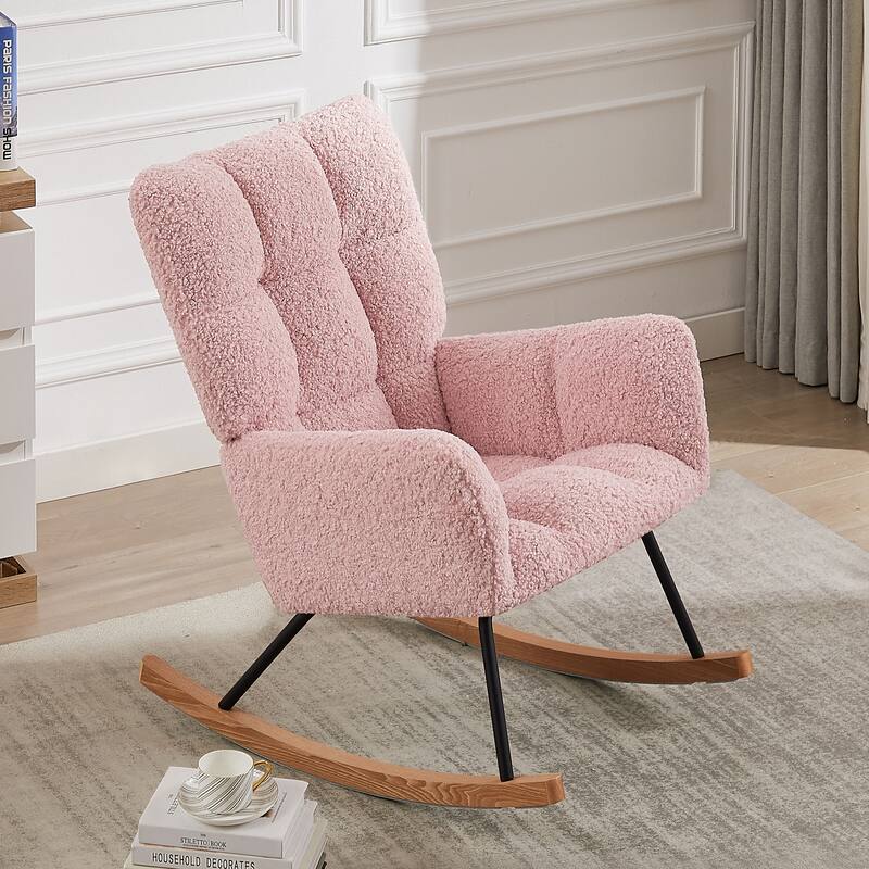 Rocking Chair Nursery Glider Chair High Back Rocking Armchair Upholstered Lounge Chair - Without Ottoman-Pink