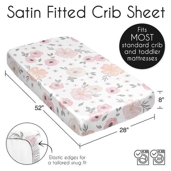 Sweet Jojo Designs Blush Pink Grey Boho Floral Girl Satin Fitted Crib Sheet Bohemian Farmhouse Shabby Chic Watercolor Gray White