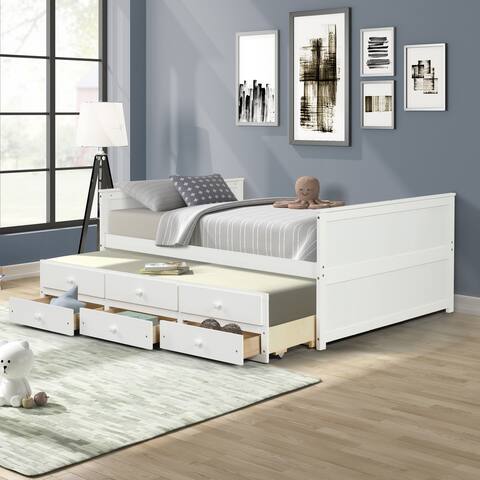CTEX Solid Wood Full Size Captain Bed with Twin Size Trundle Bed and 3 Storage Drawers