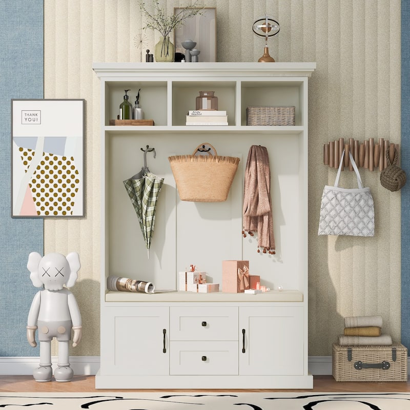 47"W Hall Tree with 3 Metal Double Hooks,3 Open Shelves,Shoe Storage - 3-in-1