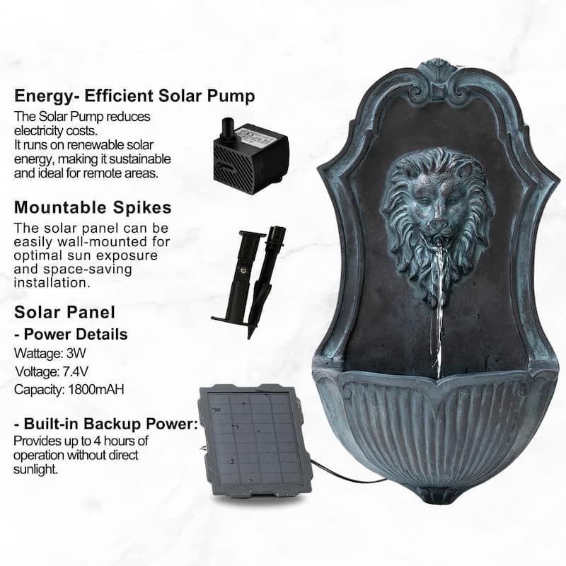 XBrand 30" Solar-Powered Wall-Mounted Lion Head Fountain, Resin, Outdoor, Gray