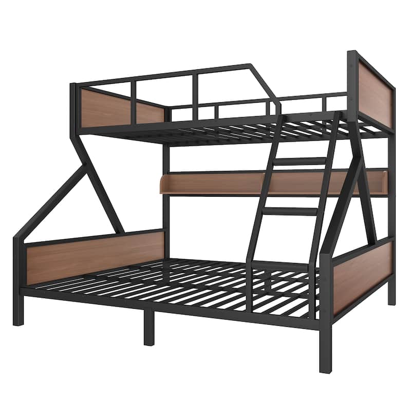Queen over King Bunk Bed, Metal Bunk Bed with Storage Shelves and Lights, Space-saving & Noise-free Design