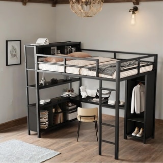 Full Size Metal Loft Bed with Wardrobe and L-shaped Desk and Shelves