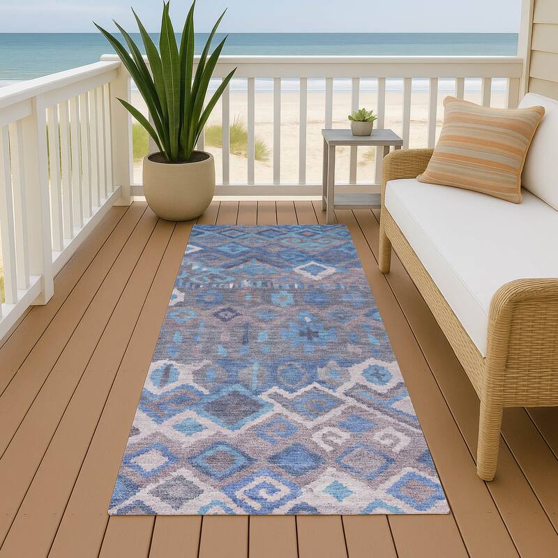 Machine Washable Indoor/ Outdoor Boho Moroccan Chantille Rug - Blue - 2'3" x 7'6"