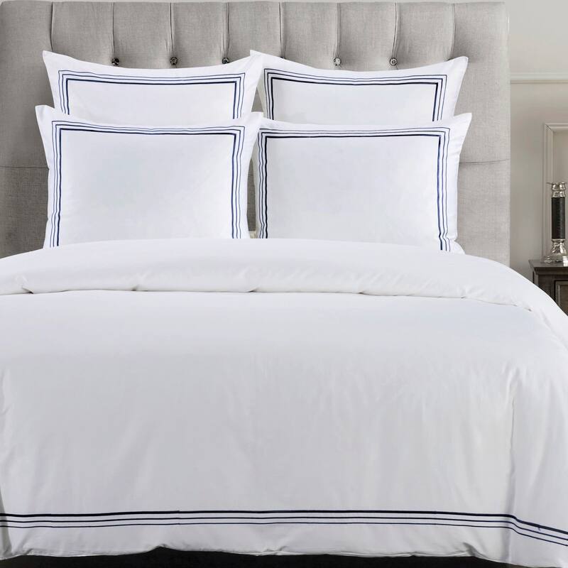 HiEnd Accents 100% Cotton Hotel Luxury Embroidered Border Duvet Cover Set, 3PC - Navy - Queen