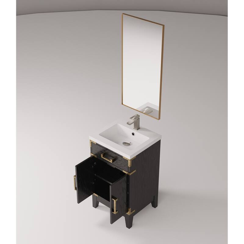 20 in. Black Oak Vanity with Acrylic Countertop, 18 in. Mirror, and Chrome Gooseneck Faucet Set - Compact Bathroom Sink