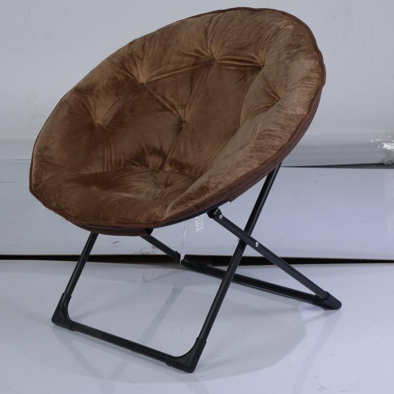 Comfy Folding Saucer Chair for Bedroom, Faux Fur Lounge Moon Chair with Sturdy Metal Frame, Oversized Plush Flower - Brown With Black Legs