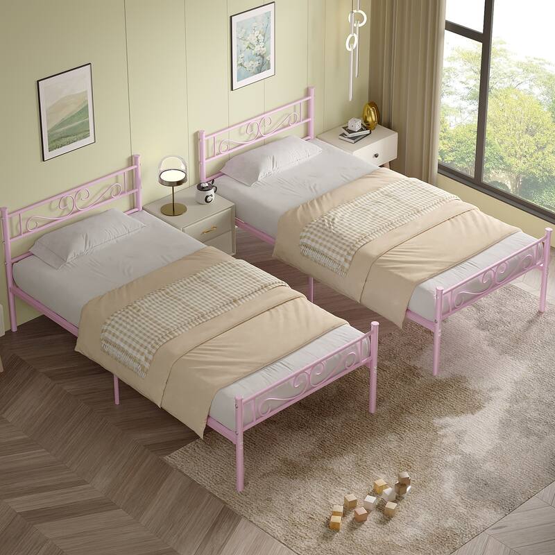 VECELO 2-Pack Twin Bed Frame for Kids Metal Bed Frame with Headboard No Box Spring Needed Twin Size Bed Under Bed Storage
