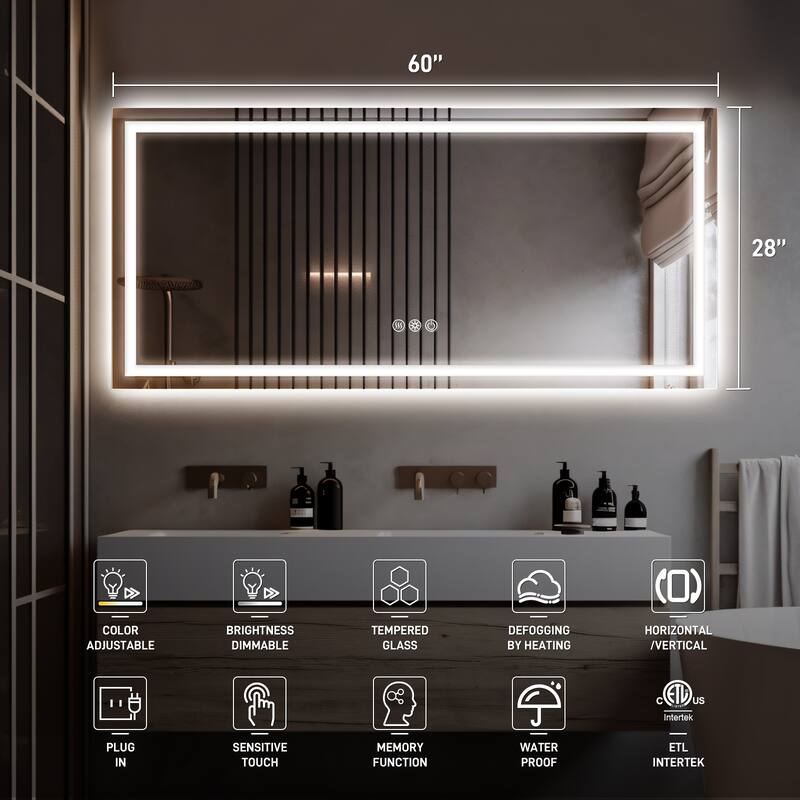 Durx-litecrete Rectangular Frameless Wall Mount 3 Colors Dimmable Anti-fog LED Bathroom Vanity Mirror