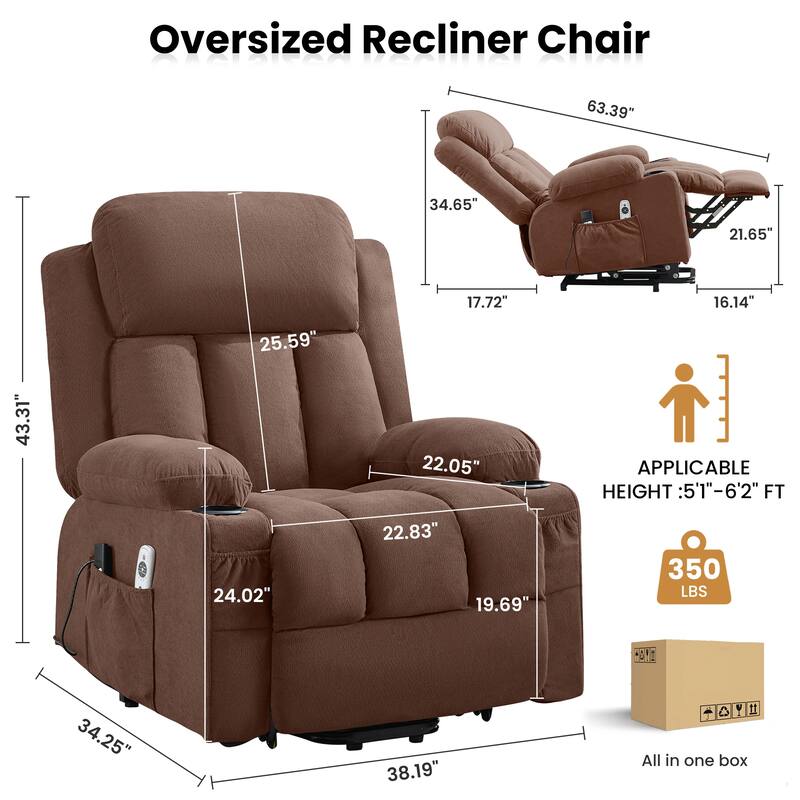 Power Lift Recliner Chair with Heat and Massage Electric Fabric Recliner Chair with Side Pocket, USB Charge Port, Remote Control