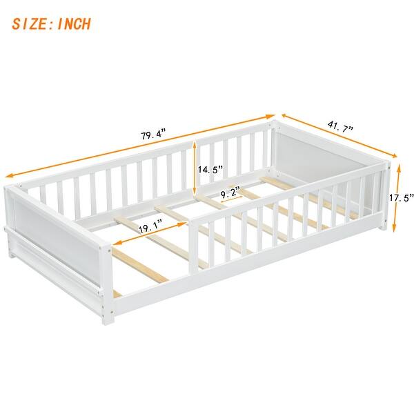 dimension image slide 5 of 6, Twin Size Floor Bed Frame for Kids Bed with Fence Guardrails Endbed Storage Splint Platform Bed - Available with or without Door