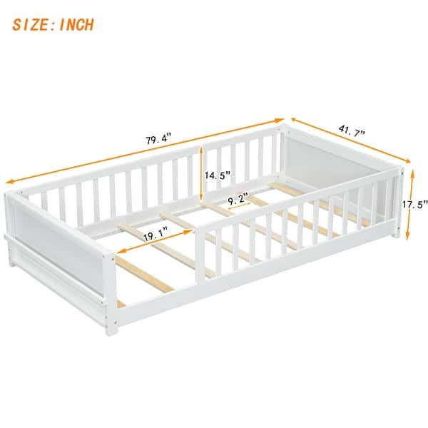 dimension image slide 1 of 3, Twin Size Floor Bed Frame w/ Built-in Book Storage Rack, Safety Fence & Wood Slat, Toddler Floor Bed Frame-No Box Spring Needed
