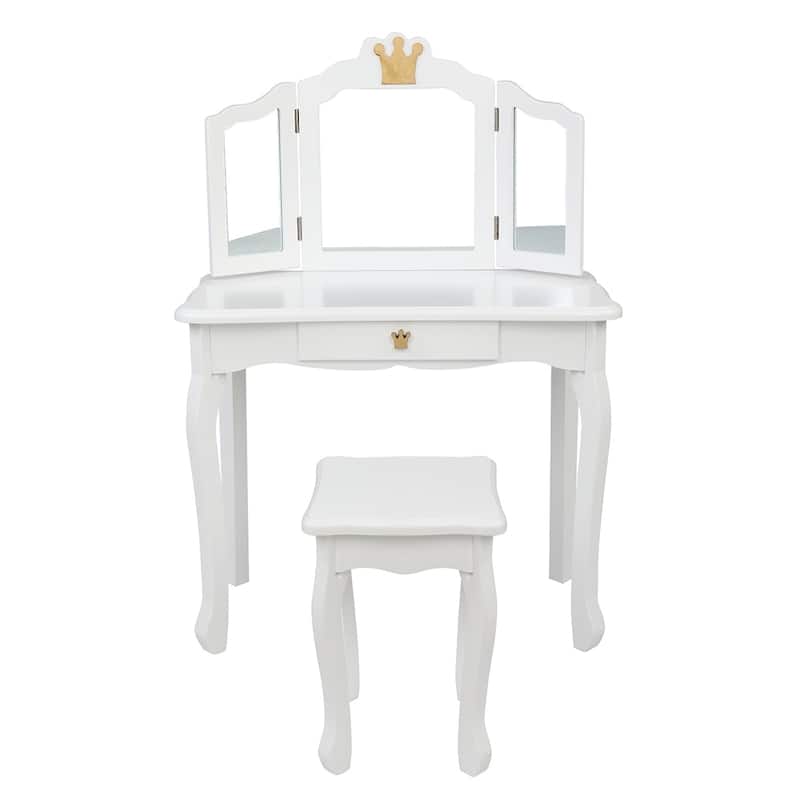 Kids Three-Sided Folding Mirror Dressing Table with Stool - White