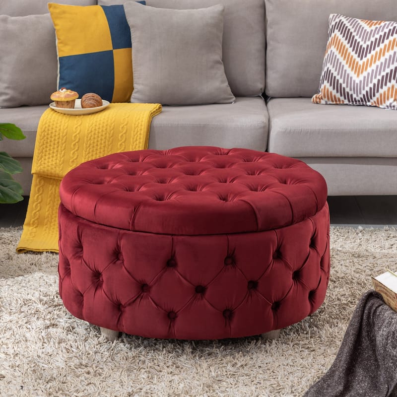 29.5" Wide Velvet Tufted Round Ottoman With Storage
