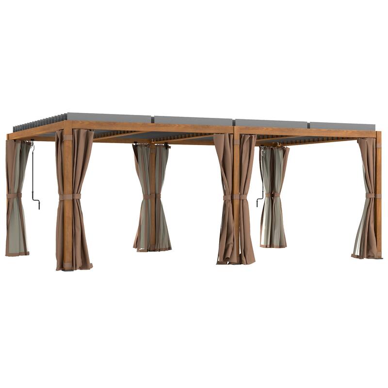 Outsunny 12' x 19' Louvered Pergola Hardtop Gazebo with Adjustable Aluminum Roof and Frame, Outdoor Pergola with Curtains