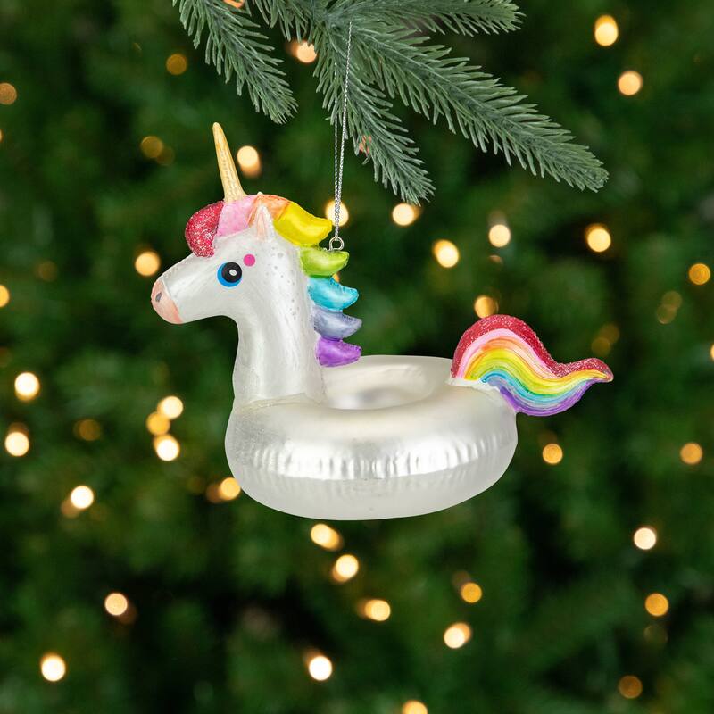 6.5" Rainbow Unicorn Pool Float Glass Christmas Ornament
