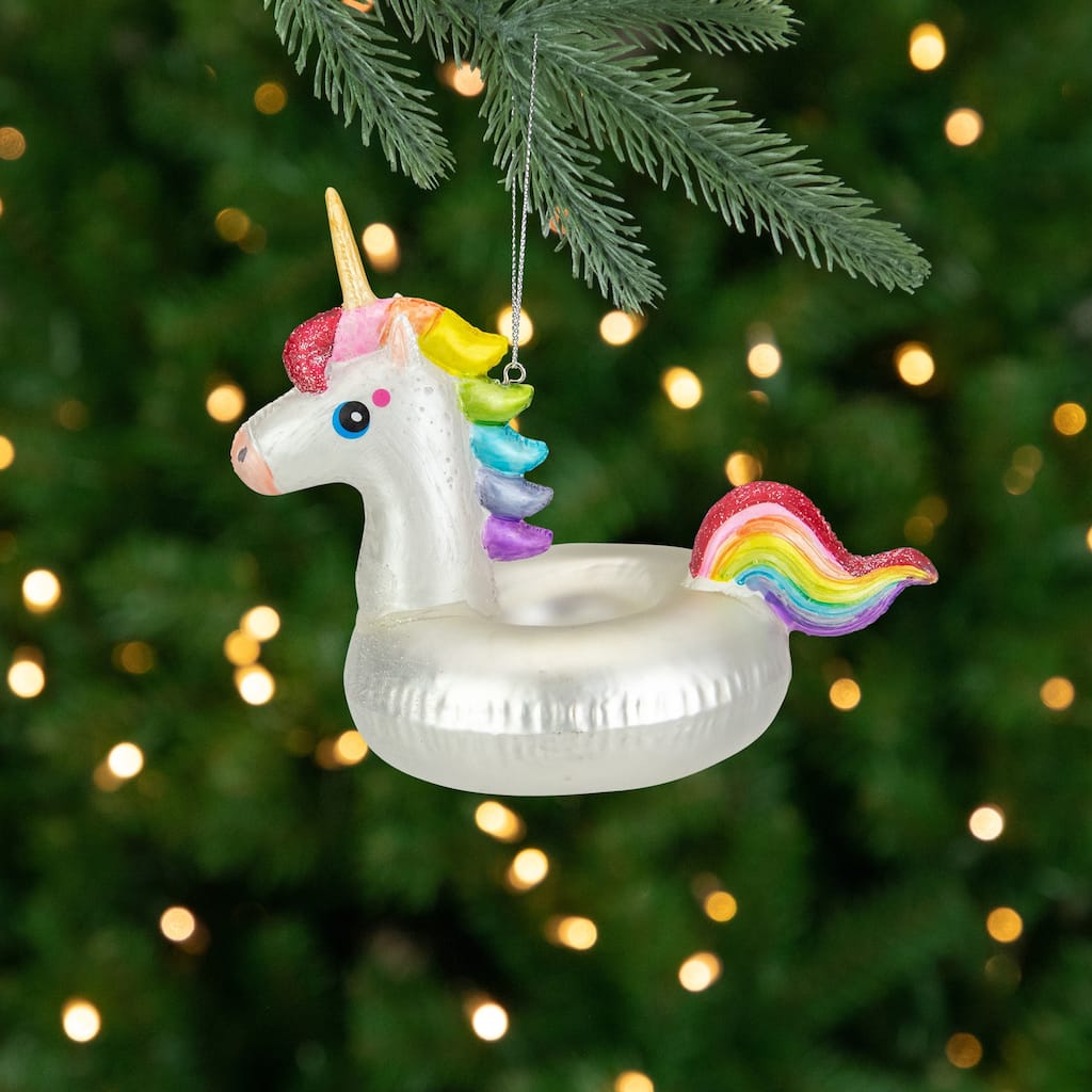 6.5" Rainbow Unicorn Pool Float Glass Christmas Ornament