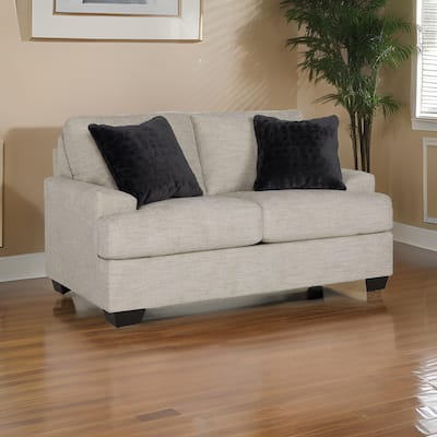 Roy 63 Inch Loveseat, 2 Throw Pillows, Angular Arms, Light Gray Polyester
