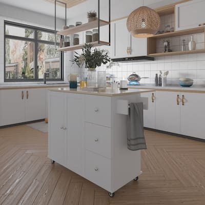 52.7" W Rolling Mobile Kitchen Island with Solid Wood Top and Locking Wheels,Storage Cabinet and Drop Leaf Breakfast Bar