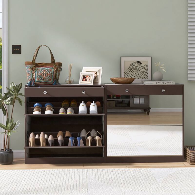 Mirrored Shoe Cabinet with Drawers - Space-Saving Entryway Organizer in Brown Finish