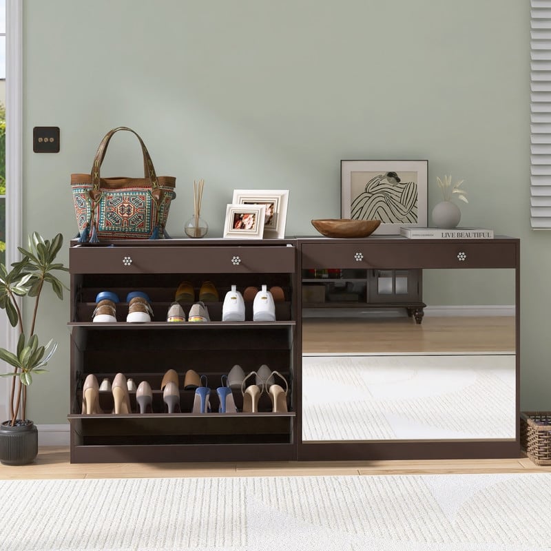 Mirrored Shoe Cabinet with Drawers - Space-Saving Entryway Organizer in Brown Finish