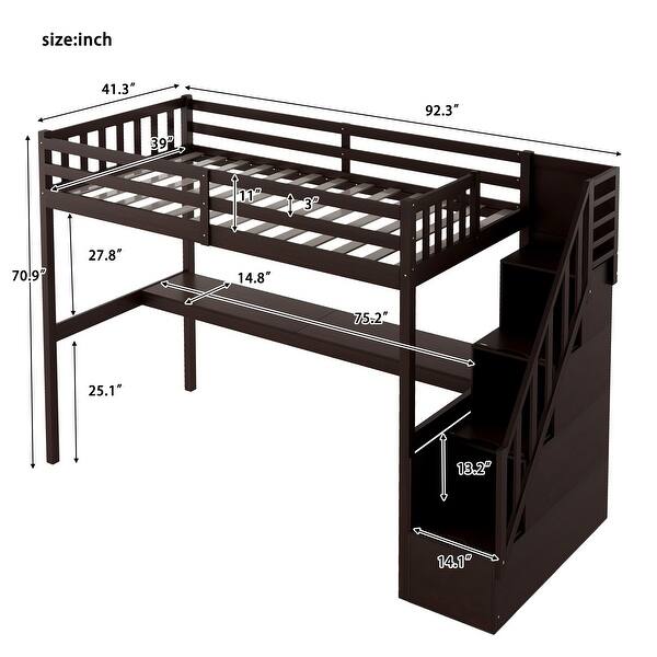 Twin Size Loft Bed with Staircase and Built-in Desk, Brown