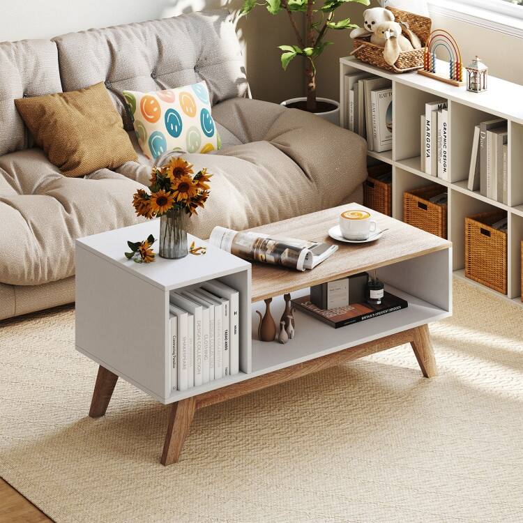 White-Natural Engineered Wood MDF Coffee Table with Stepped Storage and Compartments - 43" x 19" x 21"
