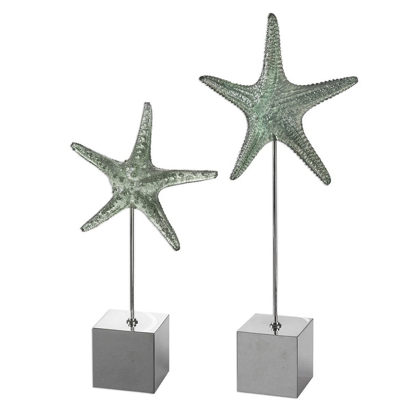 Set of 2 Gray Realistic Starfish Sculpture with Stand 24ā - N/A