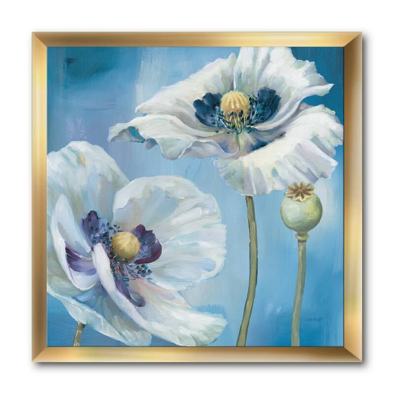 Designart "White Flower on Blue I" Farmhouse Framed Art Print