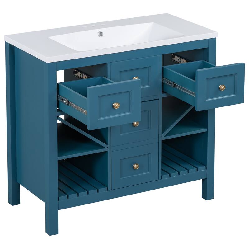 36" Bathroom Vanity with Resin Sink, 5 Drawers, Soft-Closing Doors, and Ample Storage - Freestanding Cabinet in Blue