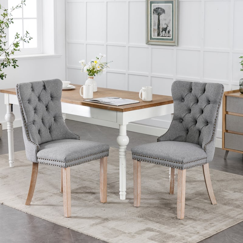 Modern Tufted Dining Chair with Wood Legs, Nailhead Trim, Set of 2 - Gray
